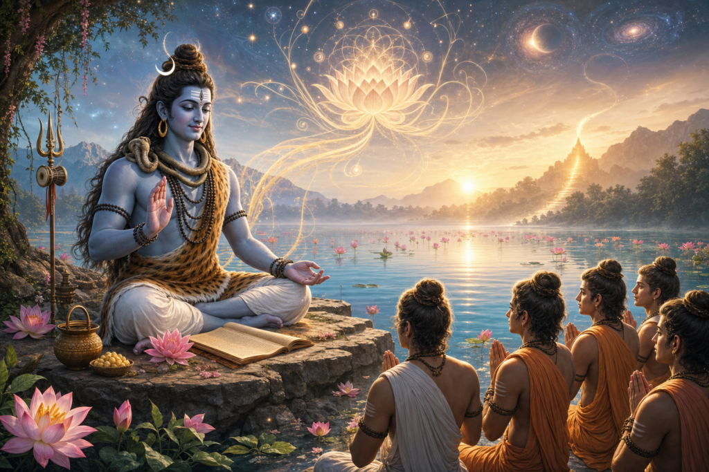 Lord Shiva teaches young sages beside a lotus lake at dawn
