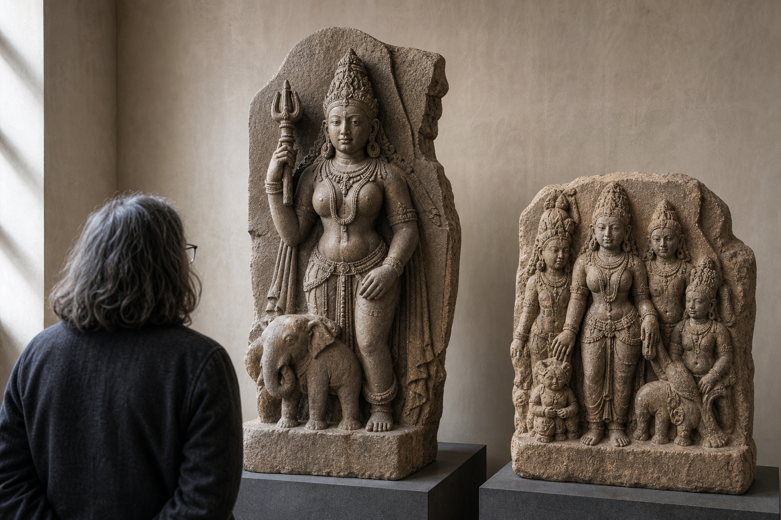 A researcher examines an imagined stone figure of a crowned goddess with a vajra and elephant beside another Matrika sculpture.
