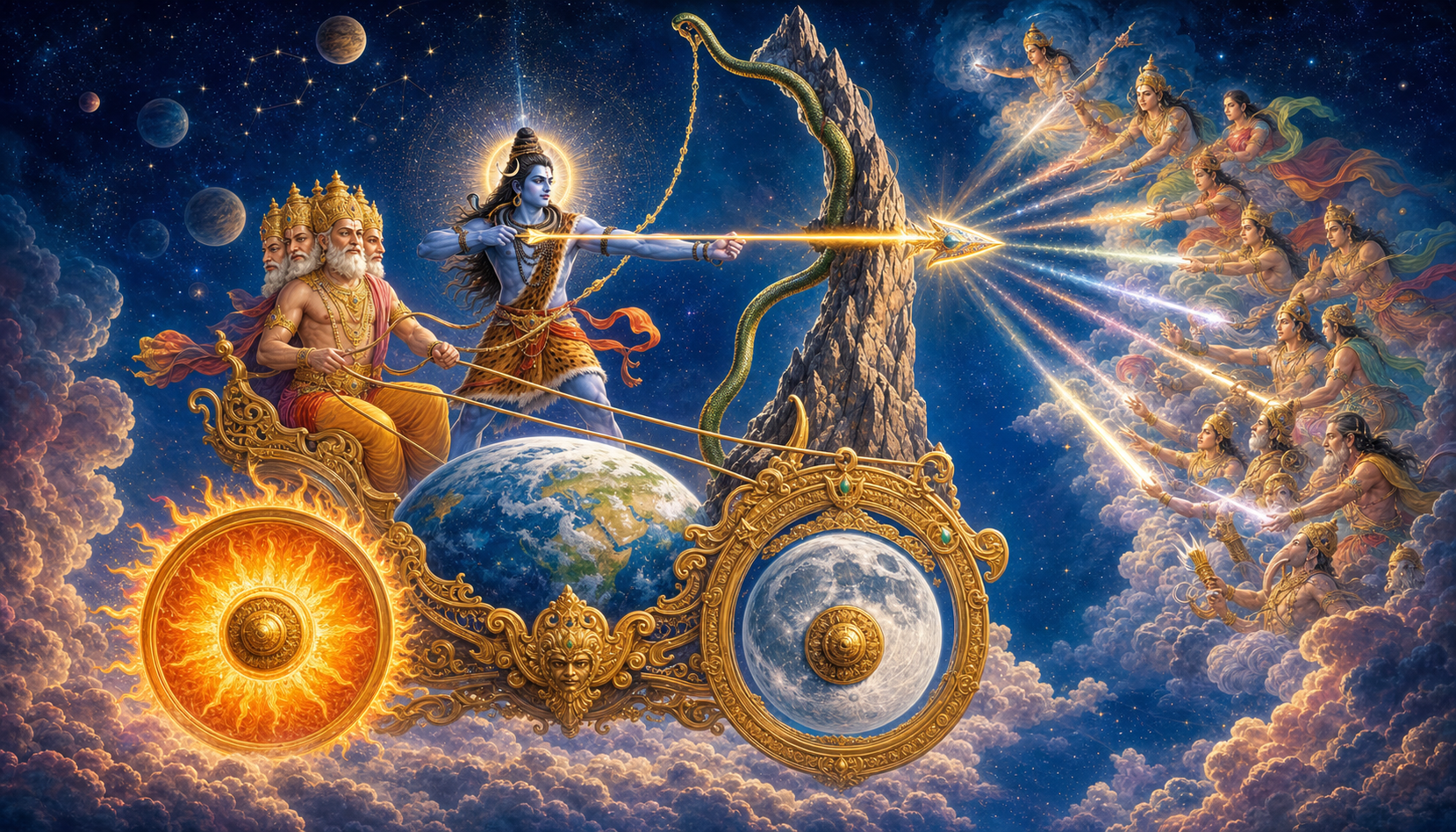 Shiva stands on a cosmic chariot whose earth, sun, moon, mountain, serpent, and divine arrow unite into a single weapon.