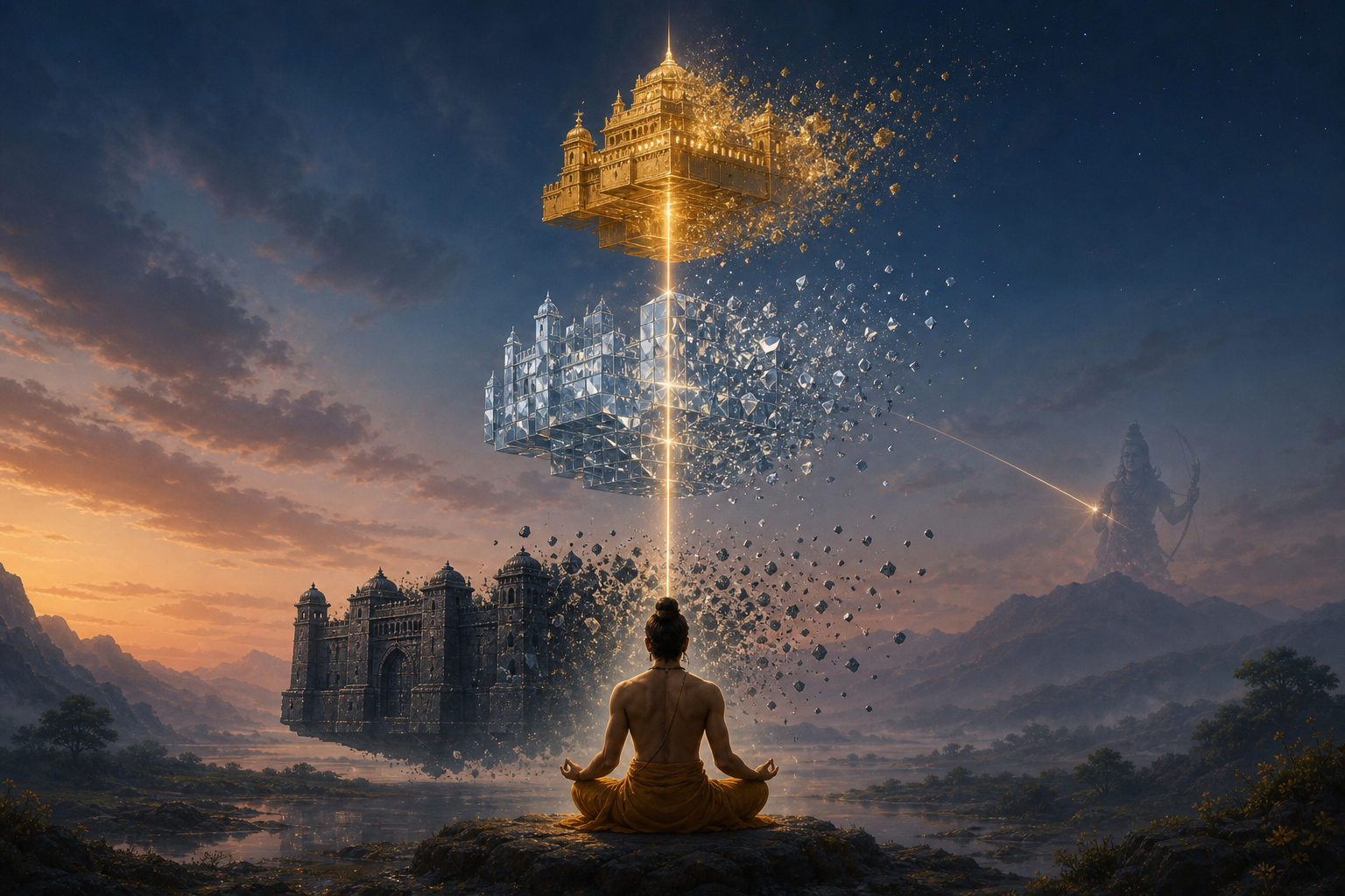A meditating figure is surrounded by iron, silver, and golden fortresses pierced by one beam of light.