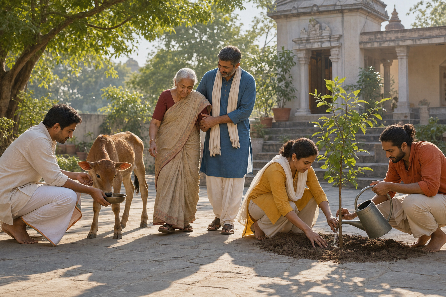 South Asian neighbors care for an elderly woman, feed a rescued calf, and plant a young tree in a temple courtyard.