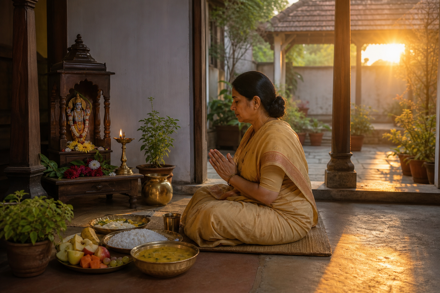 A devotee sits beside a Vishnu shrine at dawn with tulsi, a lamp, water, and a simple meal prepared for breaking the Ekadashi fast on Dwadashi.