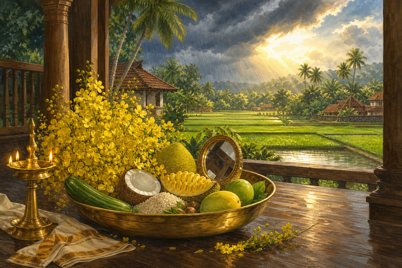 A Vishukkani arrangement with golden flowers, fruit, rice, a mirror and an oil lamp overlooks rain-washed Kerala paddy fields and coconut palms.