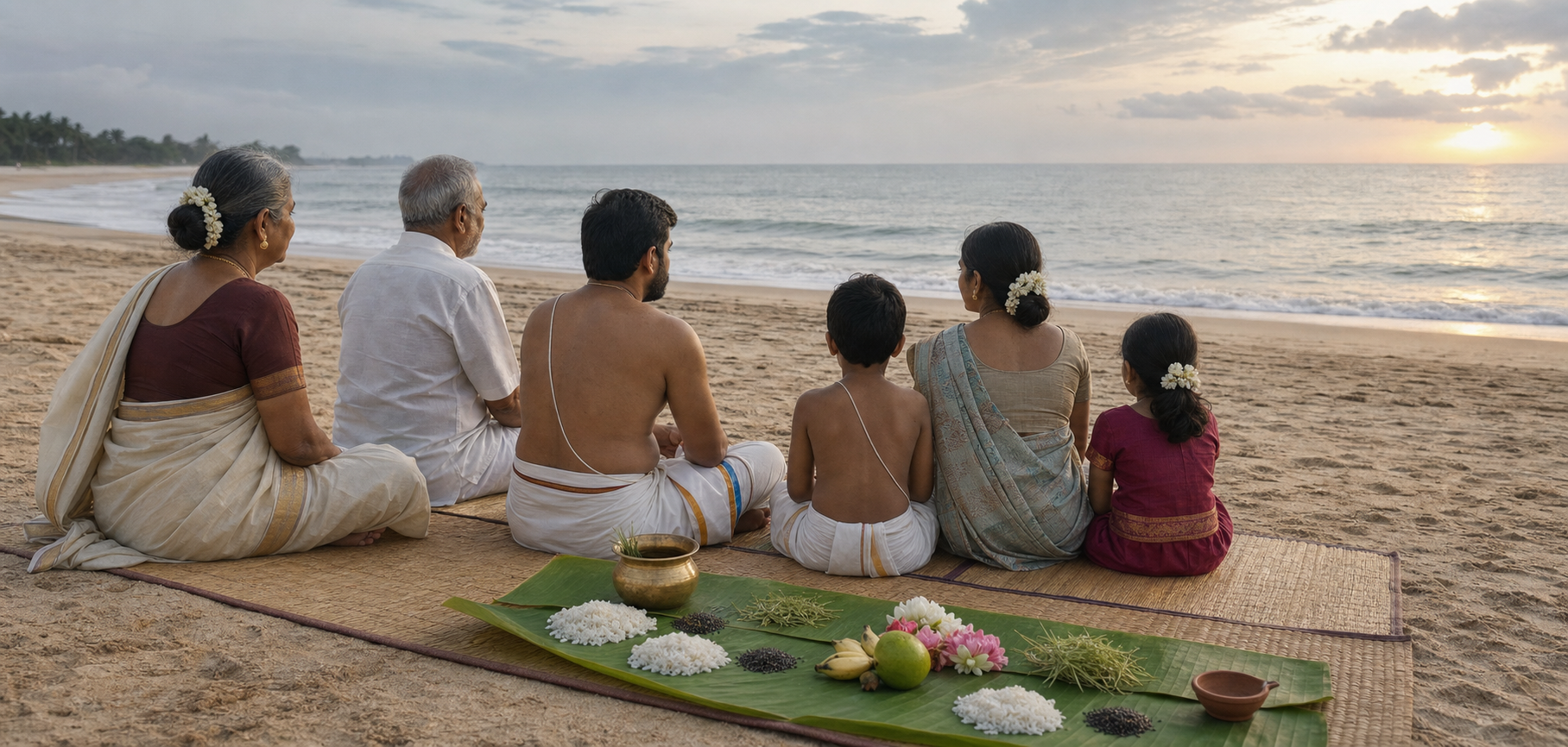 A family sits beside the sea at dawn with rice, sesame, flowers, darbha grass, and a brass water vessel arranged on banana leaves.