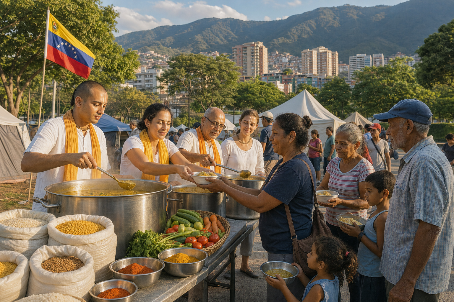 Volunteers serve warm vegetarian meals to displaced families at a community kitchen in Caracas, Venezuela.