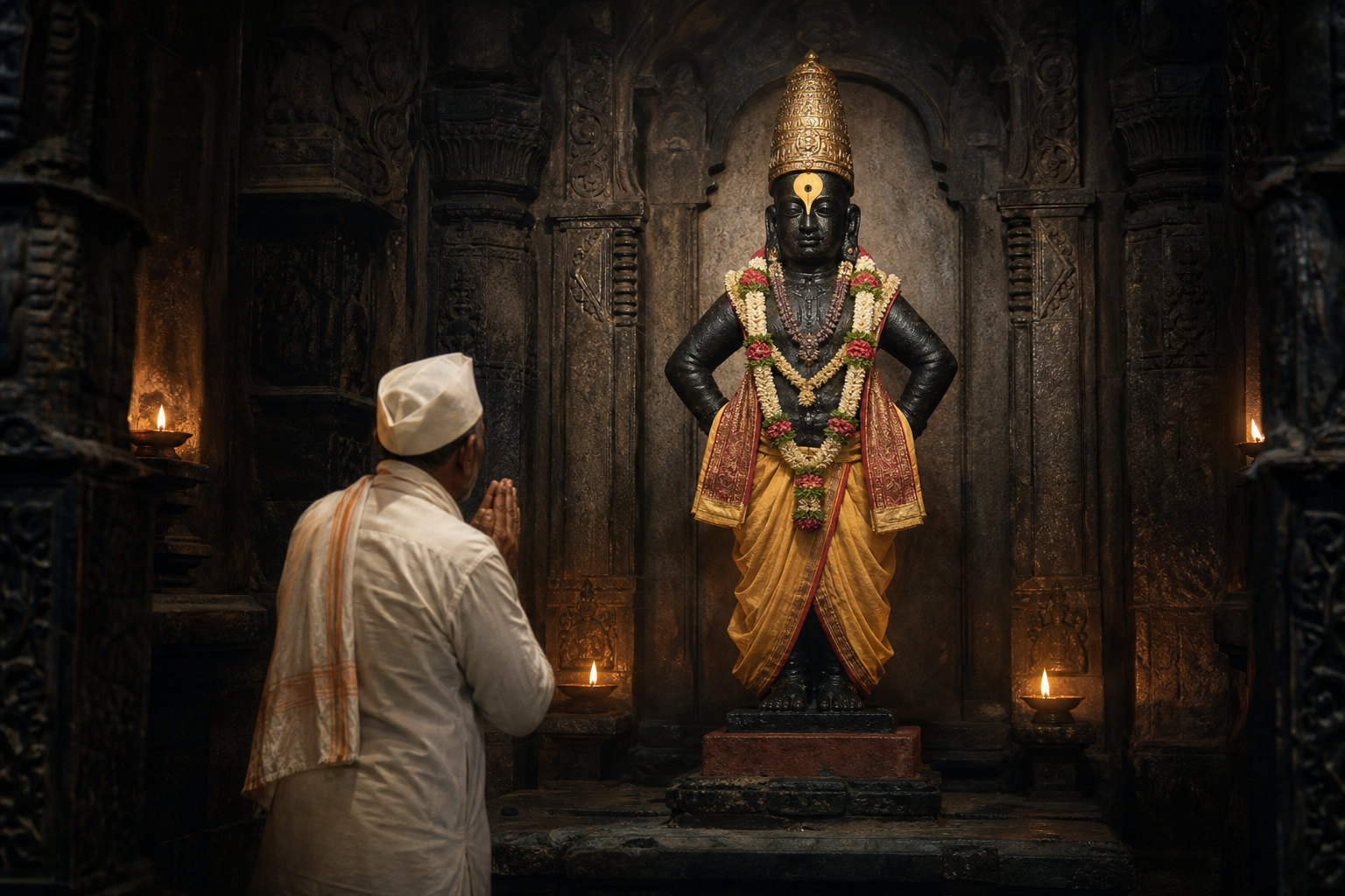 A Varkari devotee bows before the dark stone figure of Vitthal standing on a brick in a lamp-lit temple sanctum.