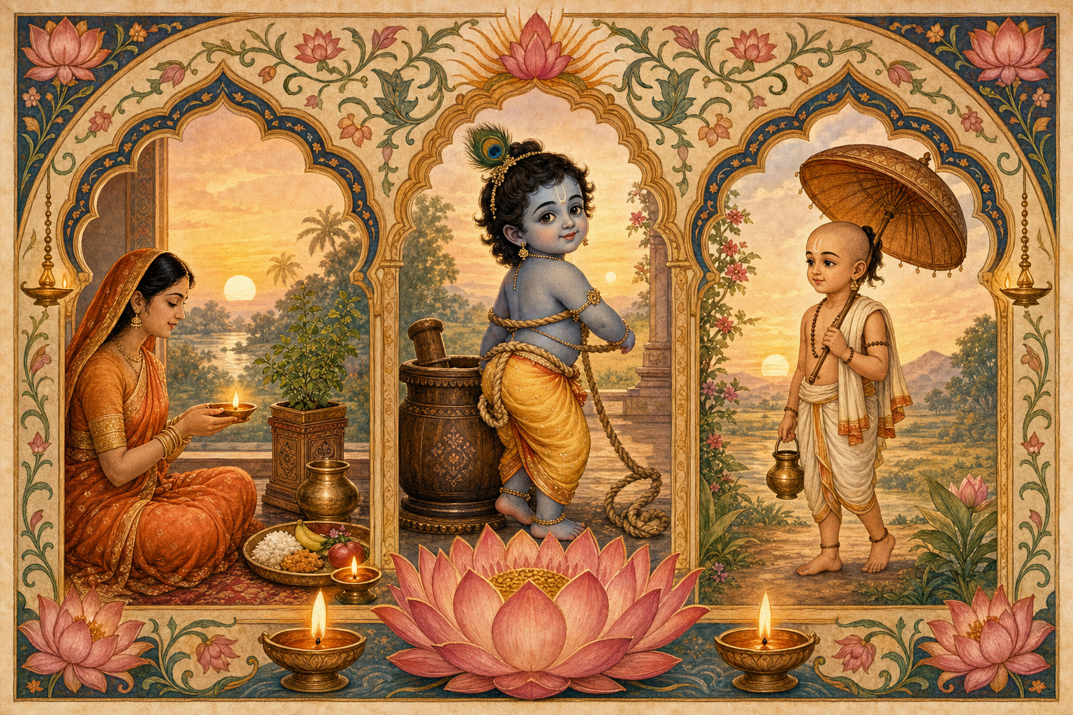 Three arched devotional scenes show Dwadashi worship, child Krishna as Damodara, and Vamana carrying a parasol and water vessel.