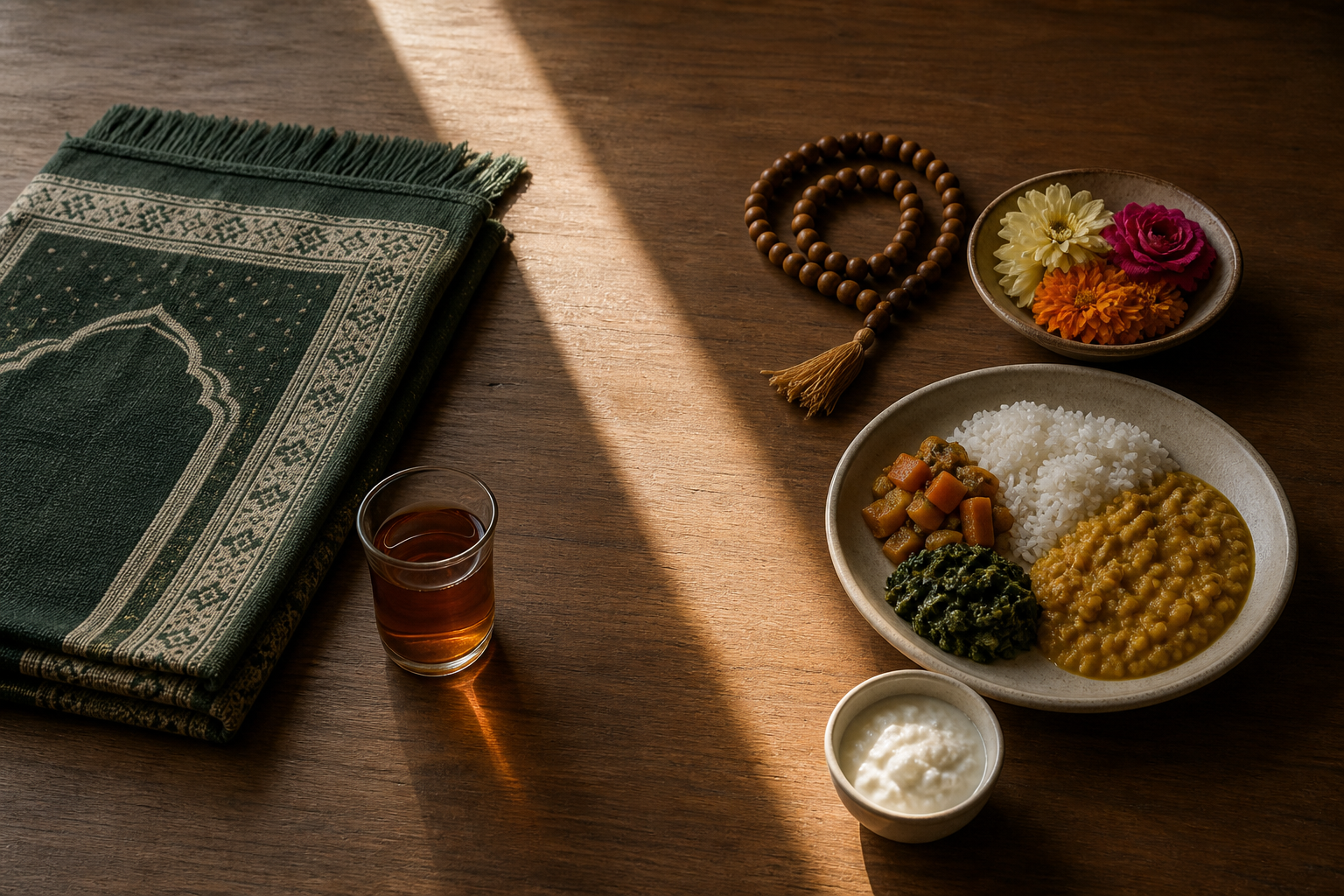 A folded prayer mat, tea glass, wooden prayer beads, flowers, and a vegetarian meal share a sunlit wooden table.