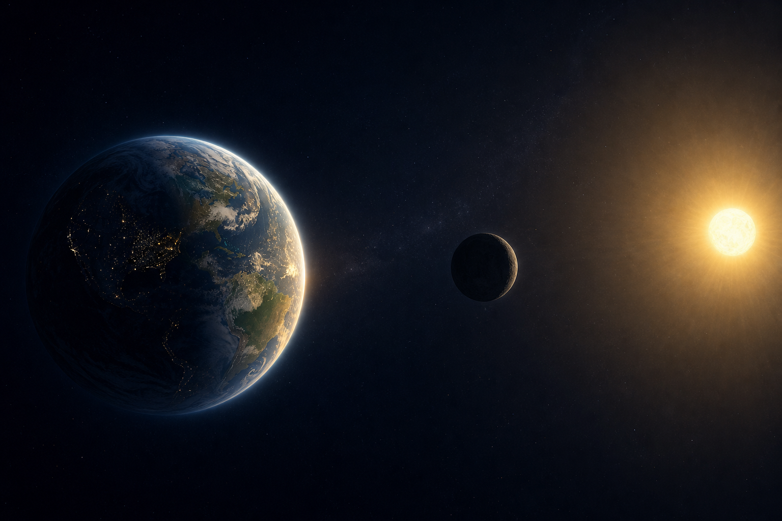 A celestial illustration shows the dark moon aligned between Earth and the sun, with daylight curving across Earth.