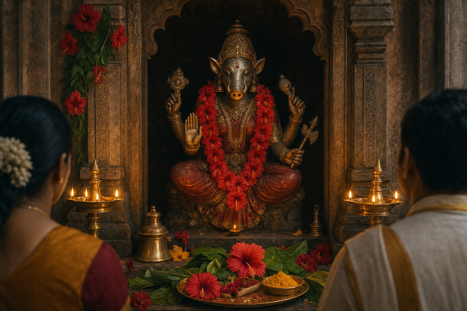 A boar-faced Varahi shrine image is surrounded by oil lamps, red flowers, leaves and metal offerings as two devotees worship nearby.