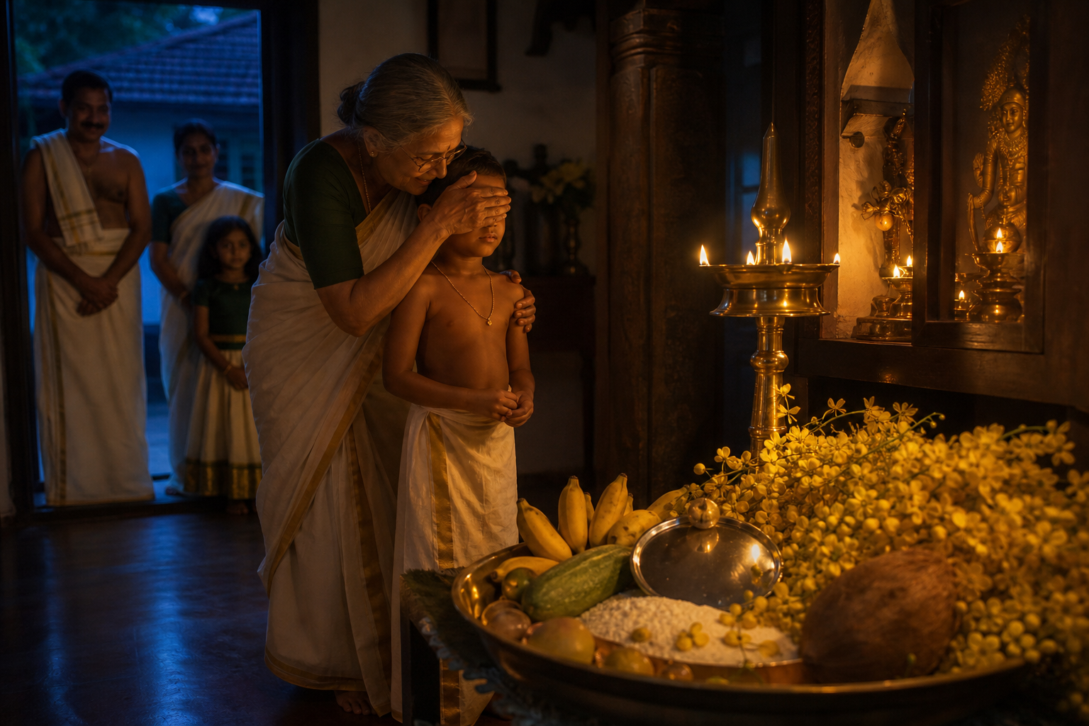 An elder guides a child with covered eyes toward a lamp-lit Vishukkani arrangement in a Kerala home before dawn.