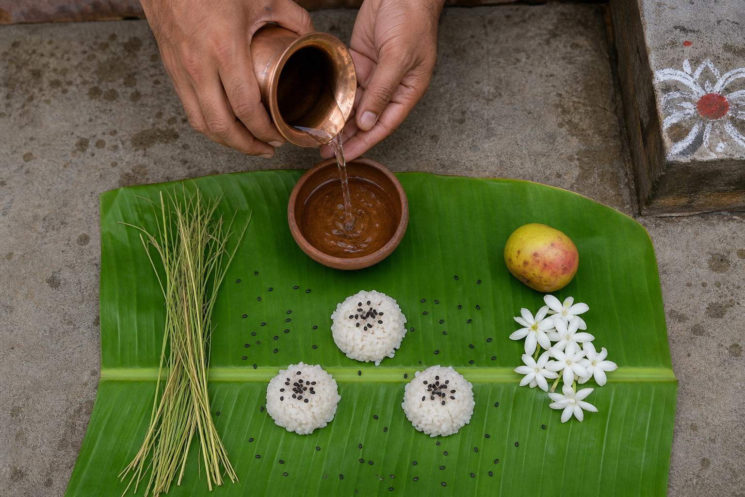 Hands arrange rice, black sesame, darbha grass, flowers, fruit, and water on a banana leaf.