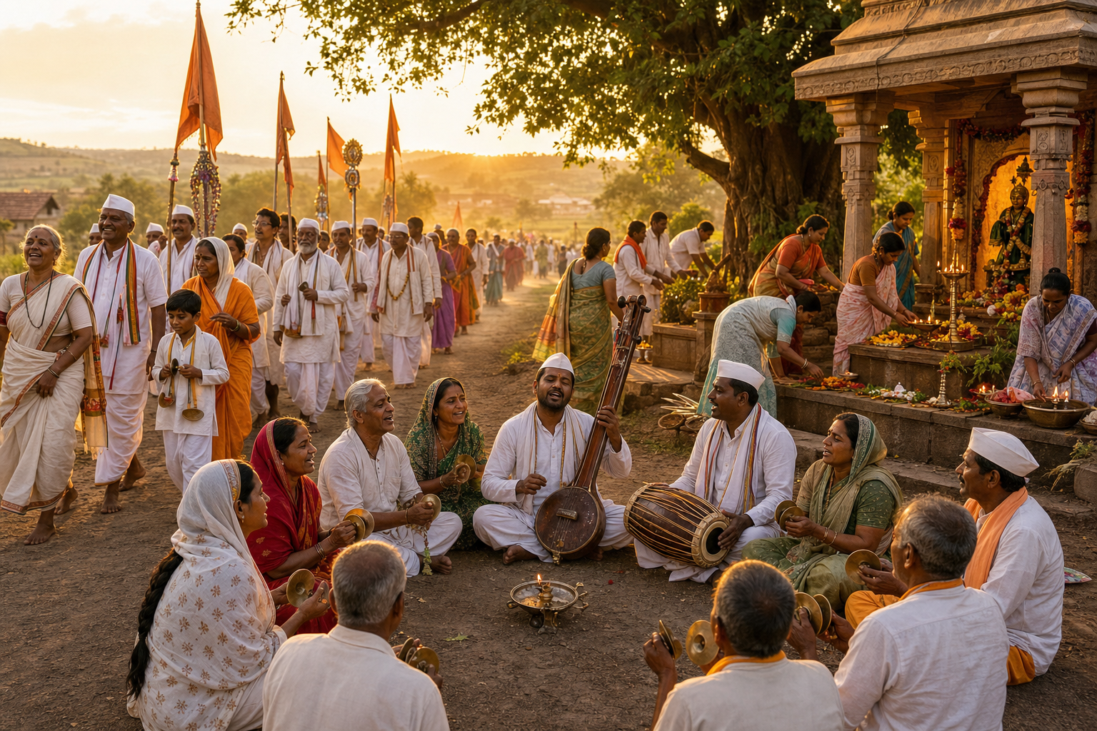 Varkari pilgrims walk, sing, play cymbals and drums, and prepare offerings beside a temple courtyard.
