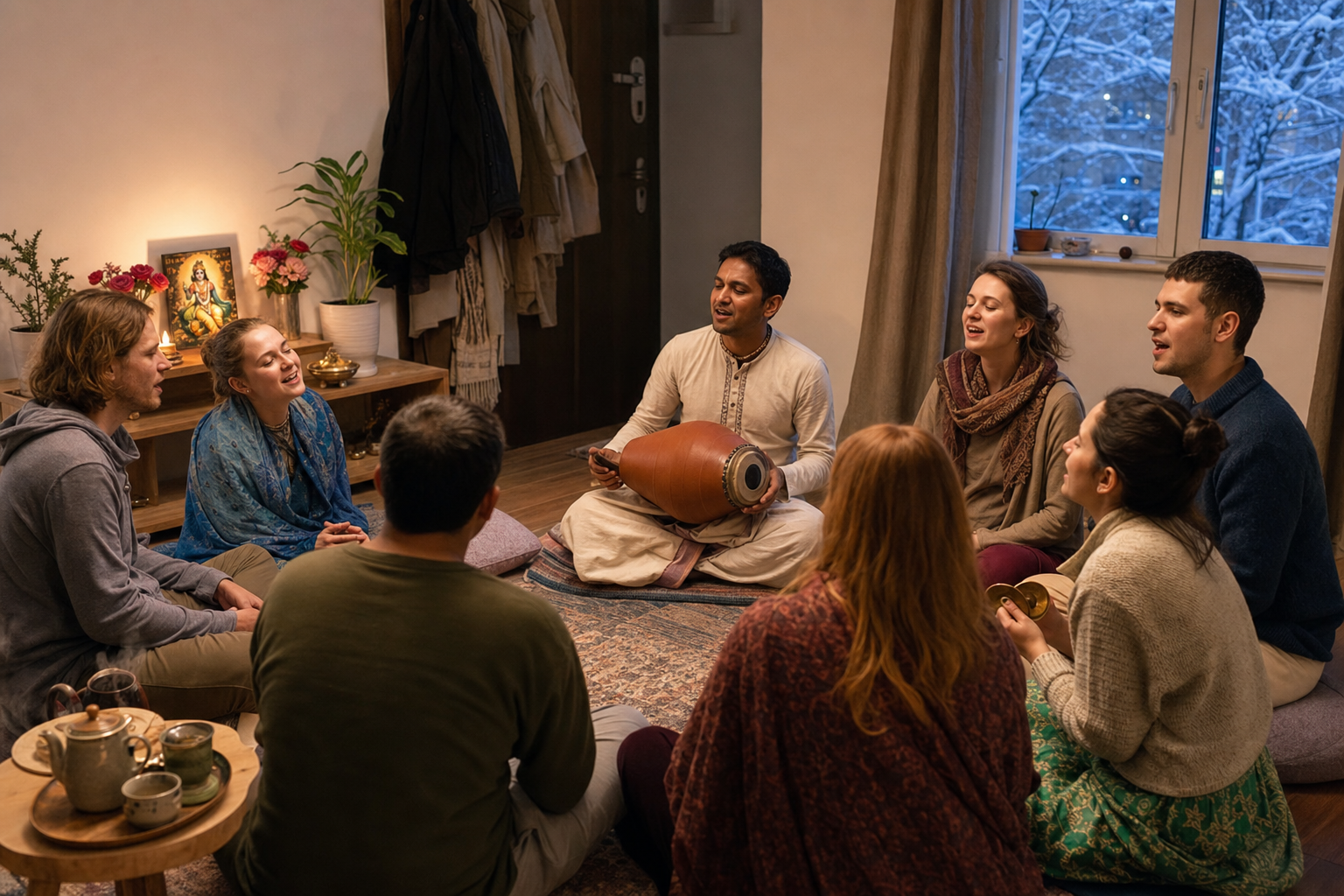 A diverse group practices kirtan with a hand drum and cymbals in a small apartment on a snowy evening.