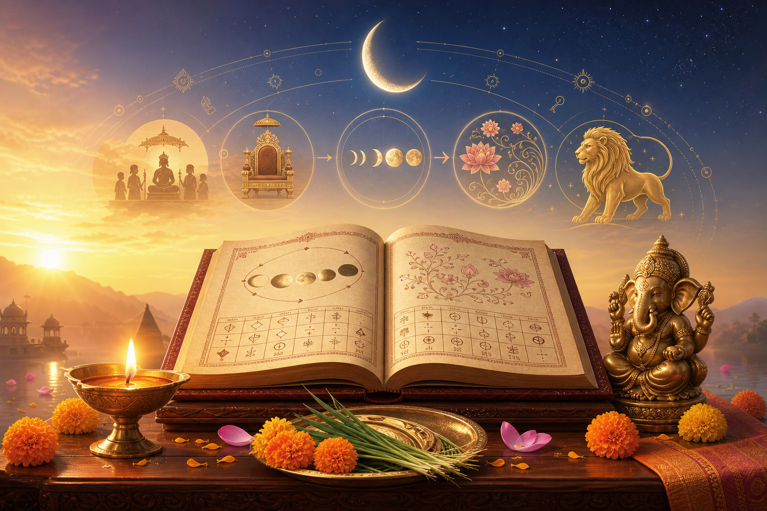 Open Hindu Panchang almanac with diya, Ganesha idol, crescent moon, and golden Simha Rashi lion