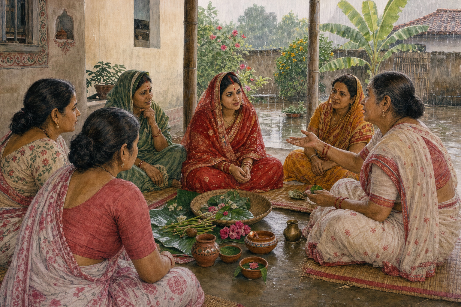 Maithil women sit in a monsoon courtyard around leaves, flowers and earthen ritual vessels while an elder tells a story.