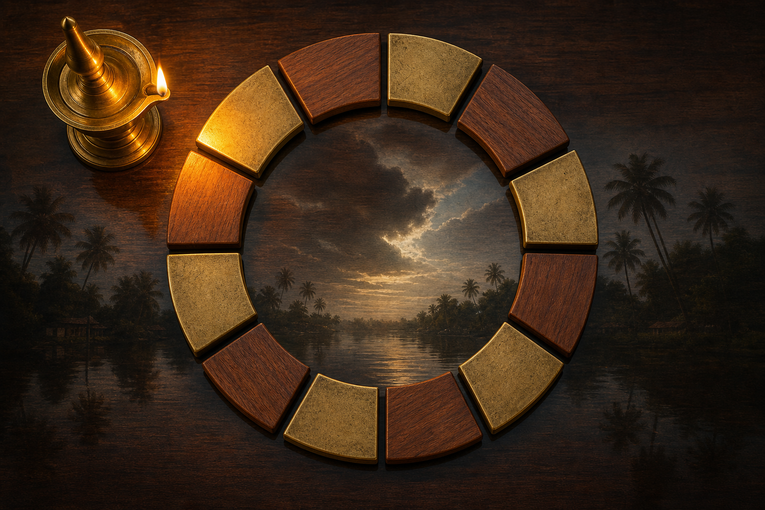 An unlabeled circular ring of twelve brass and wood segments sits beside a glowing Kerala oil lamp.