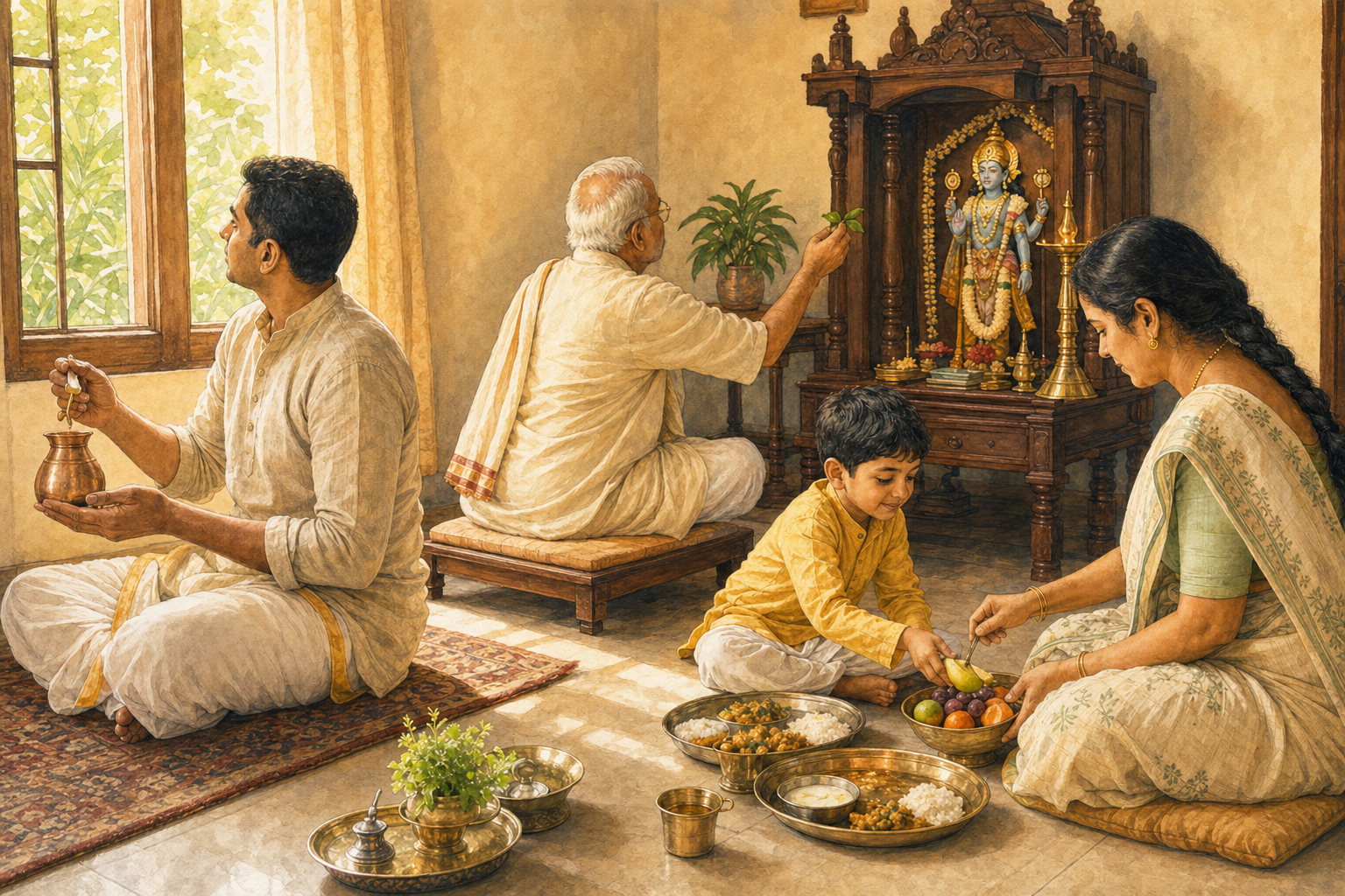 A multigenerational family offers tulsi and prepares a simple Dwadashi meal together in a home prayer room.