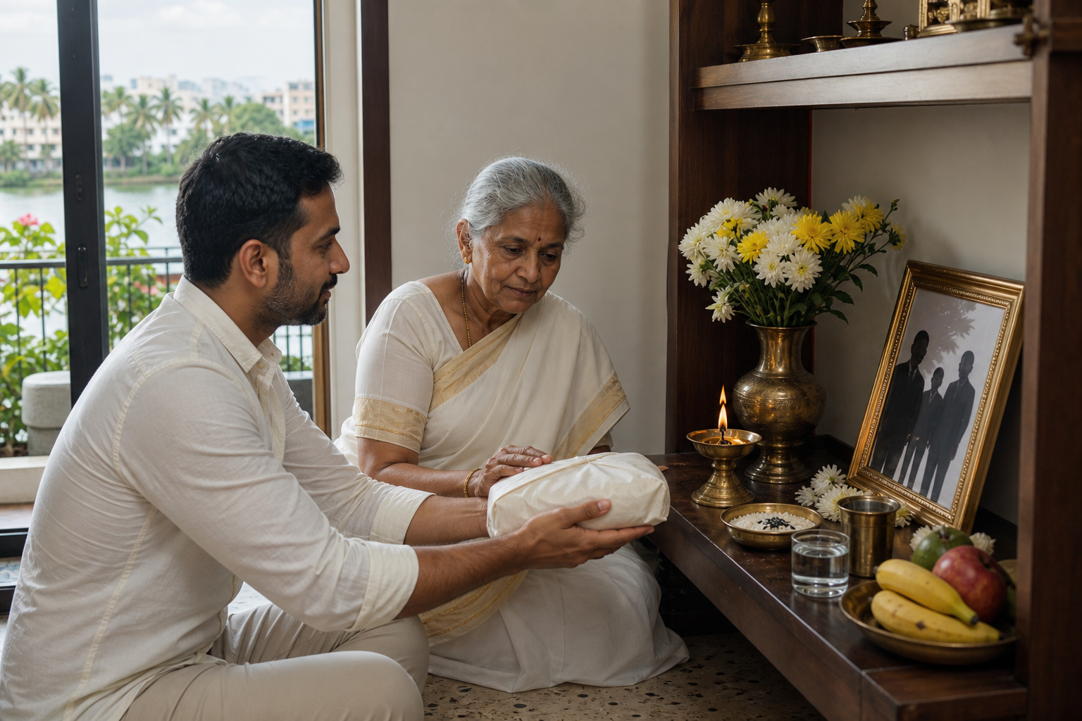 Two relatives observe ancestral remembrance at home with flowers, a lamp, simple offerings, and a food parcel prepared for charity.