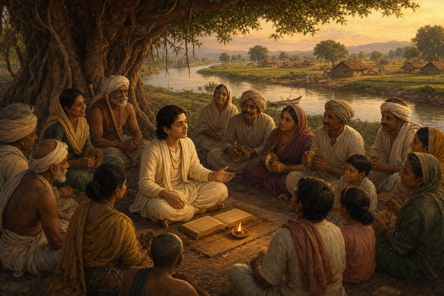 An imagined medieval Dnyaneshwar teaches a diverse village gathering beside a river, with a palm-leaf manuscript, oil lamp and hand cymbals nearby.