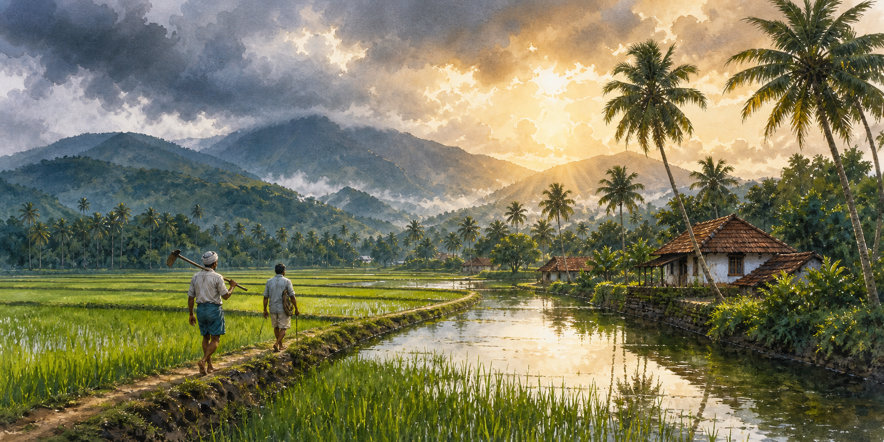 Rain-wet paddy fields, coconut palms, tiled-roof houses and distant hills glow under clearing monsoon clouds in Kerala.