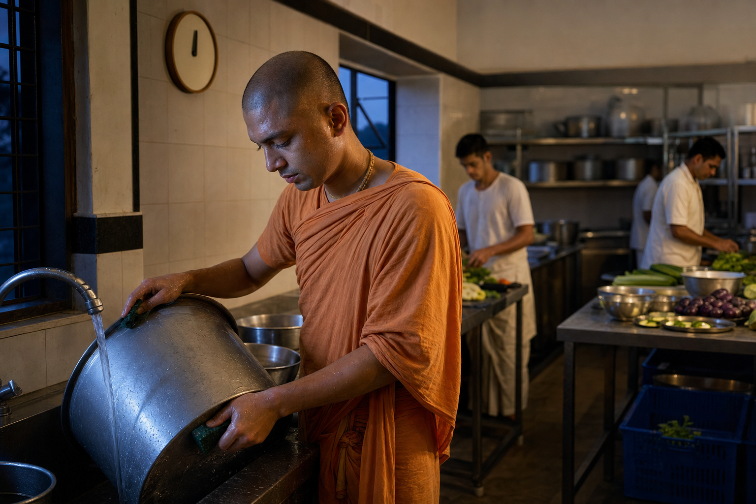 A novice monk washes a metal pot in a temple kitchen while other residents prepare vegetables before dawn.