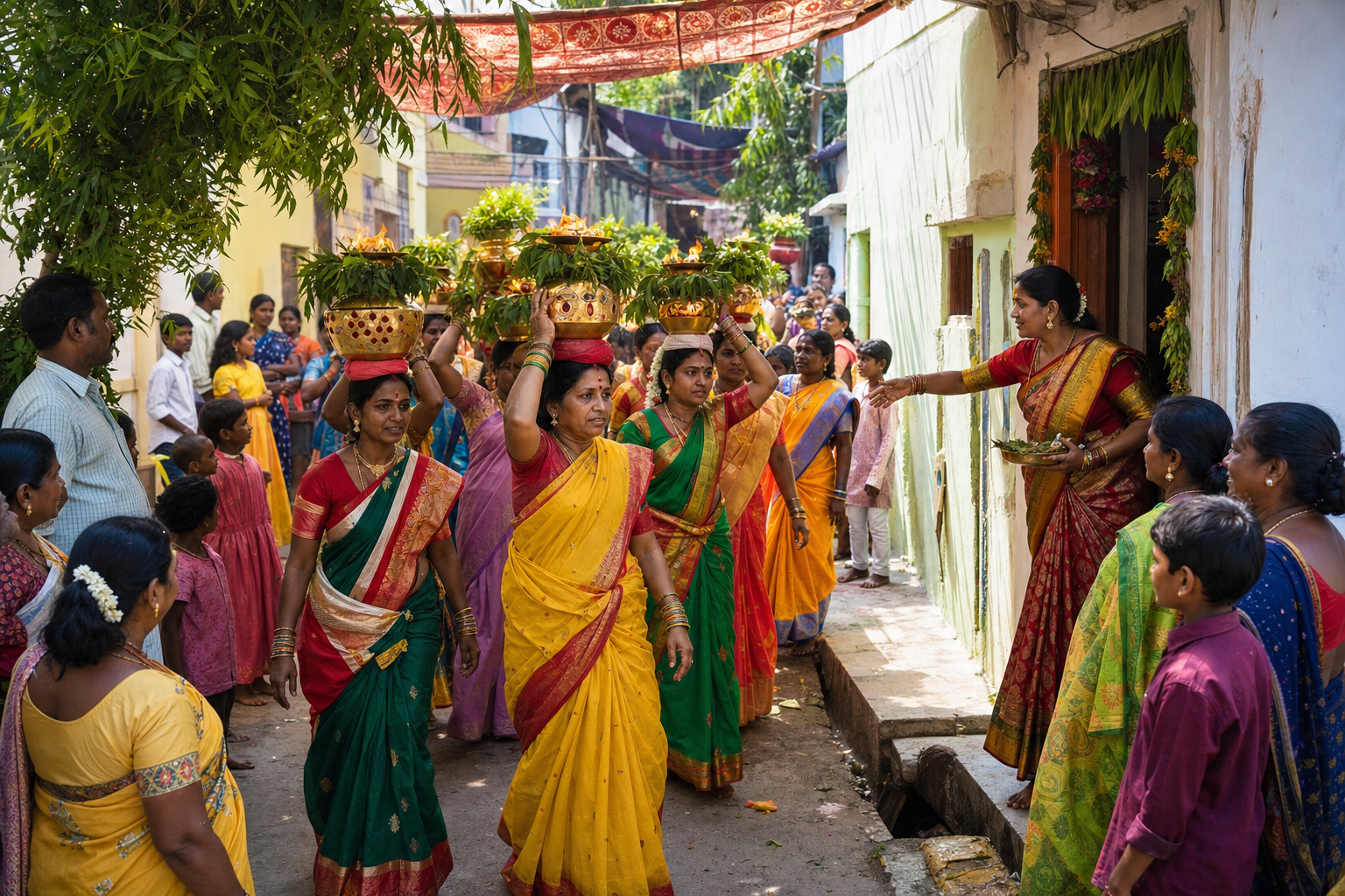 Women carrying decorated Bonalu pots with neem leaves move from a home into a neighborhood procession as community members gather along the street.