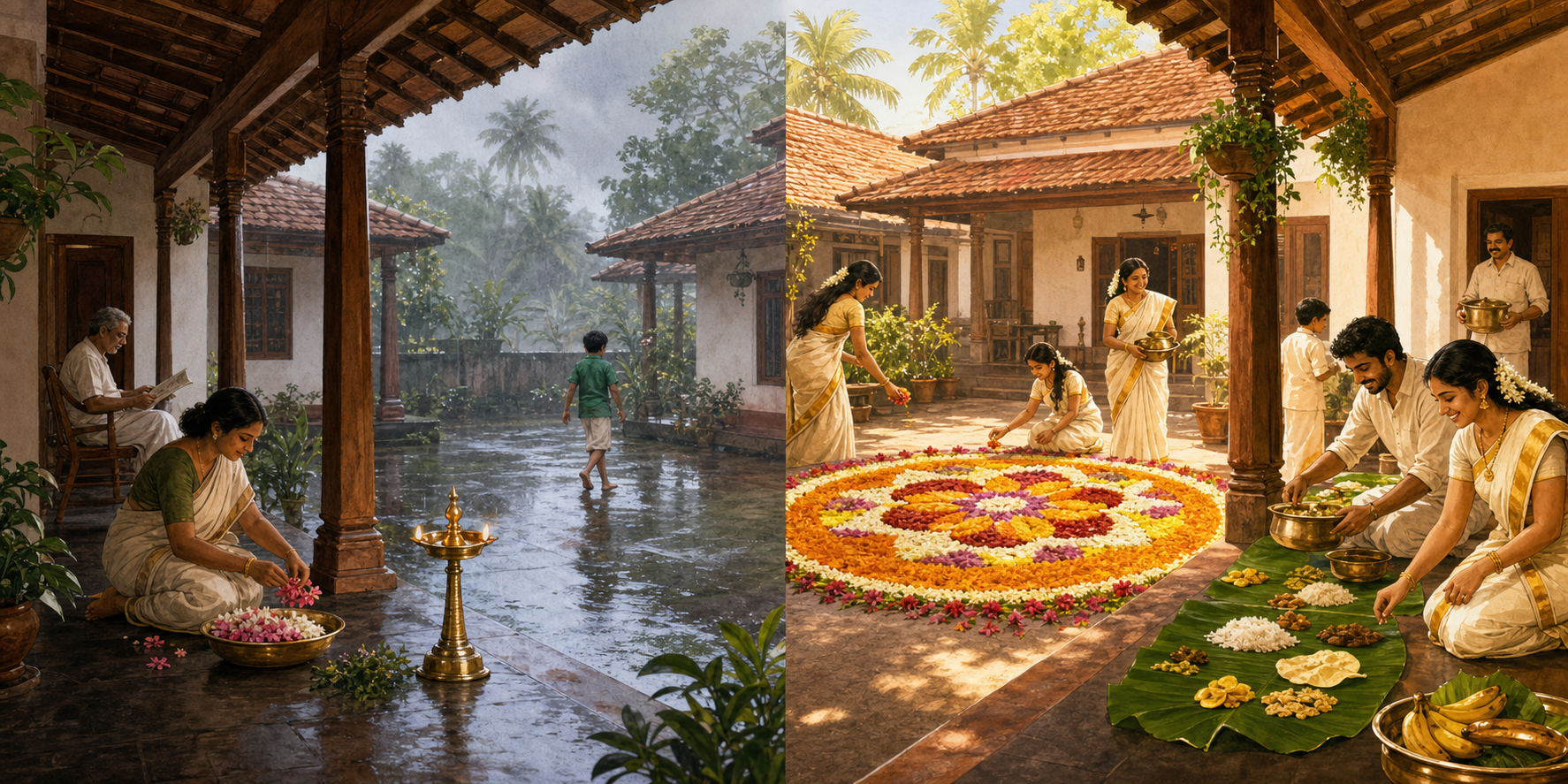 A quiet lamp-lit Kerala veranda is contrasted with a separate festive courtyard scene featuring a flower arrangement and families preparing an Onam meal.