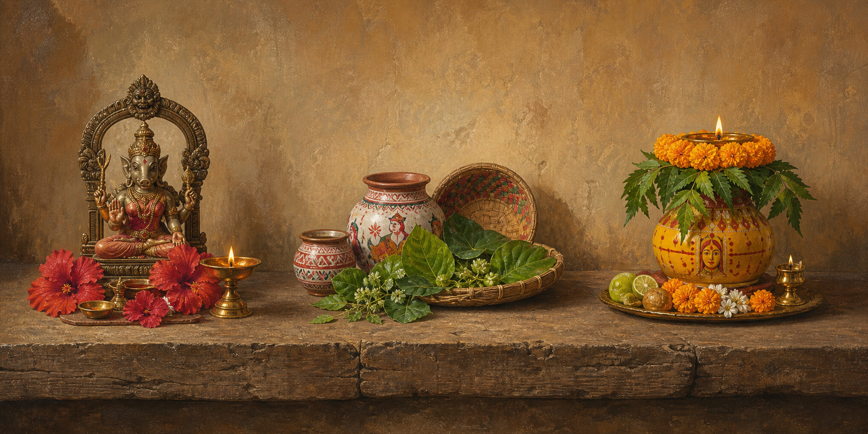 Three distinct devotional arrangements display a Varahi shrine, Mithila monsoon ritual objects and a decorated Bonalu pot with neem leaves.