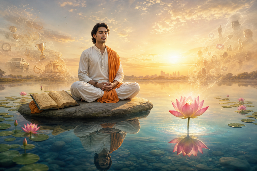 Vedantic seeker meditating beside a lotus pond at dawn as worldly attachments dissolve into light.