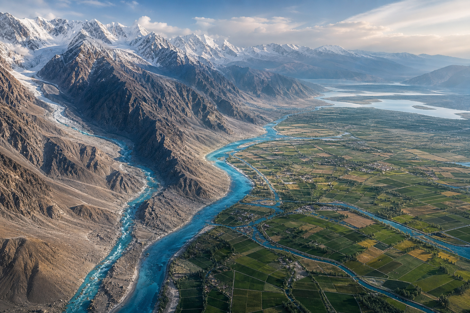 The Indus River winds from snow-covered mountains through a rocky valley into irrigated agricultural plains.