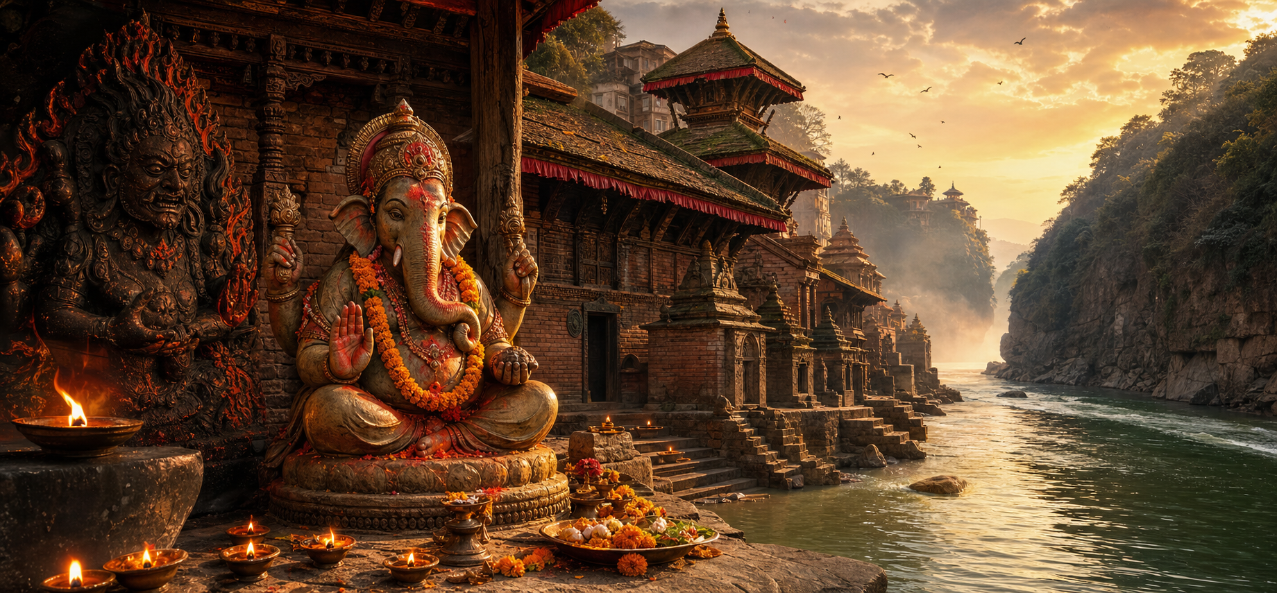 Ganesh beside the Jal Vinayak shrine overlooking the Bagmati River and Chobhar gorge, with a shadowed Bhairava relief nearby.