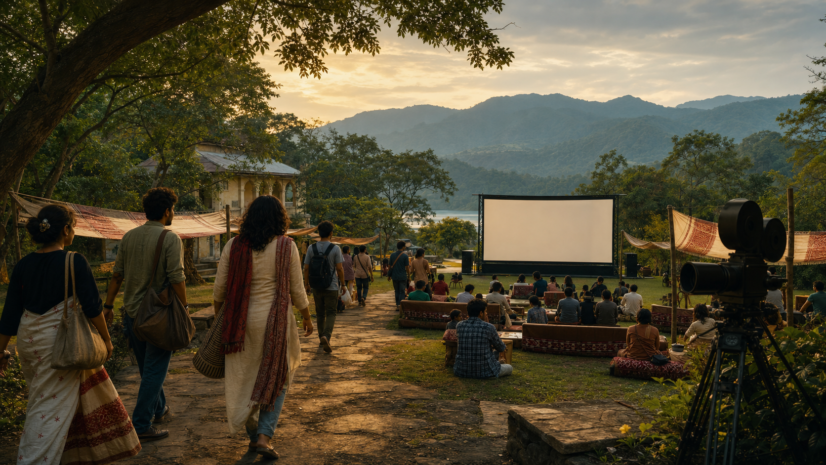 Editorial illustration of filmmakers and viewers gathering around an outdoor cinema screen on a leafy cultural campus in Guwahati.