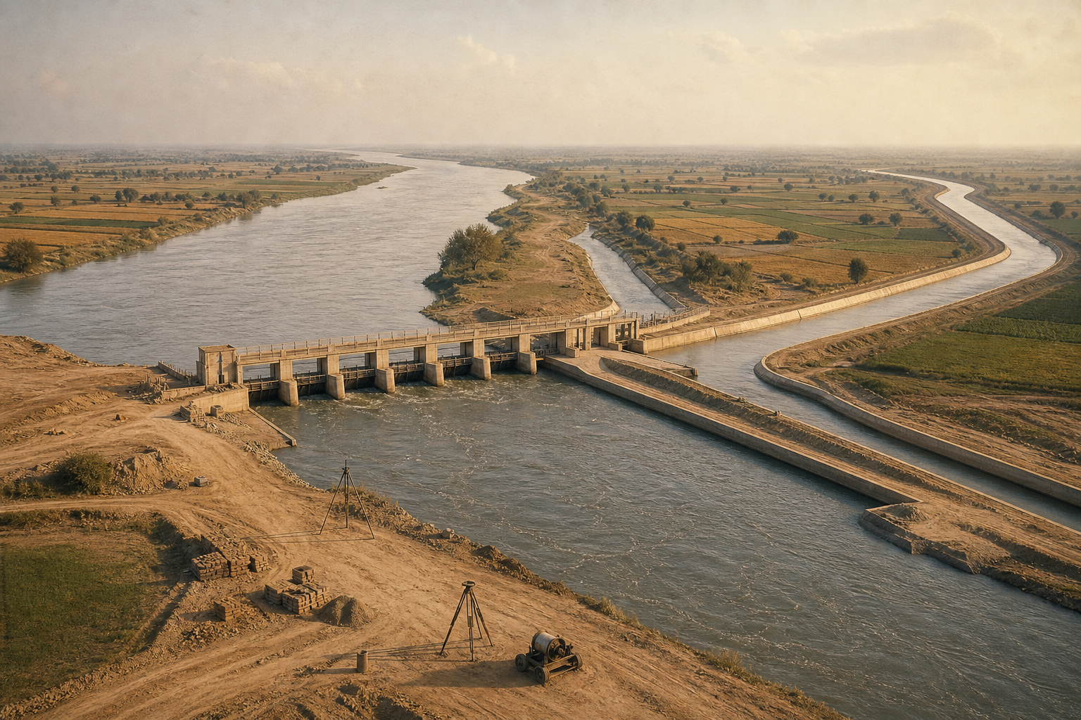 A river headworks divides water into irrigation canals running across a broad agricultural plain.