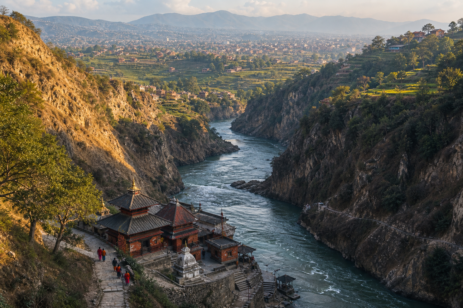 Elevated view of the Jal Vinayak temple beside the Bagmati River as it passes through the rocky Chobhar gorge.