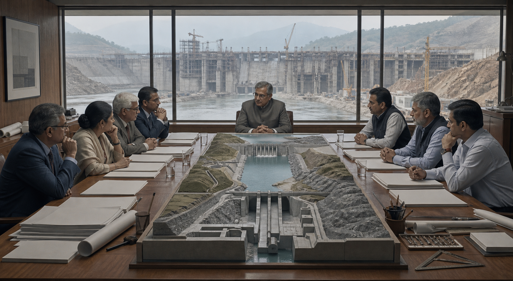 Water officials and engineers from two delegations examine a dam model with a mediator in a conference room.