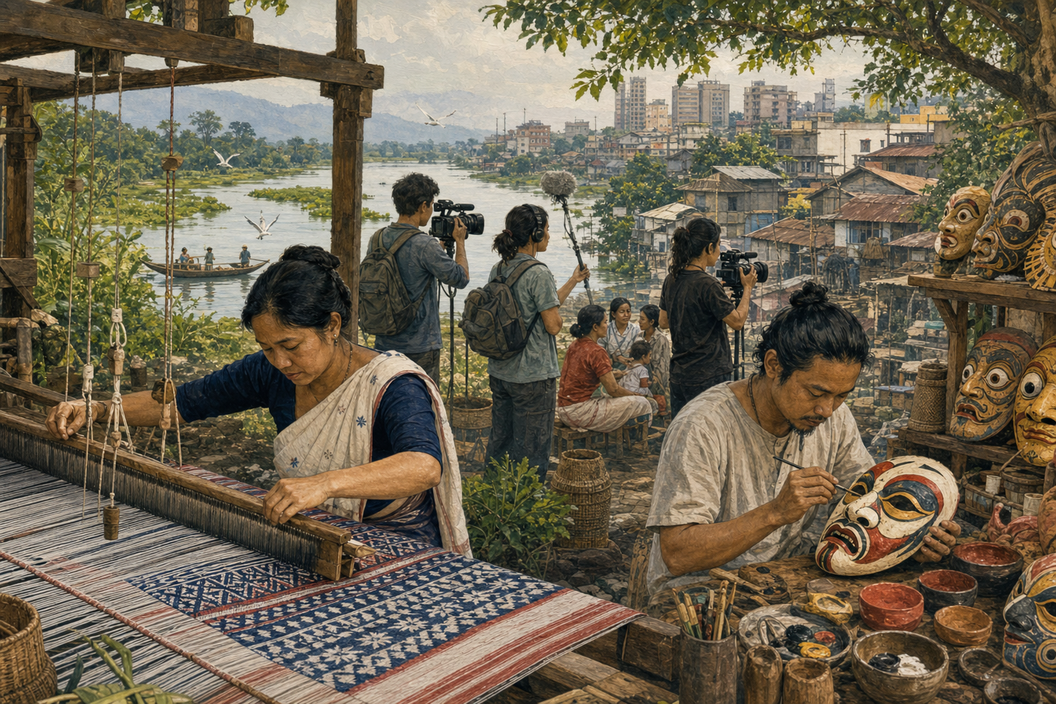 Editorial illustration of an Assamese weaver and mask maker alongside young filmmakers documenting urban and riverside community life.