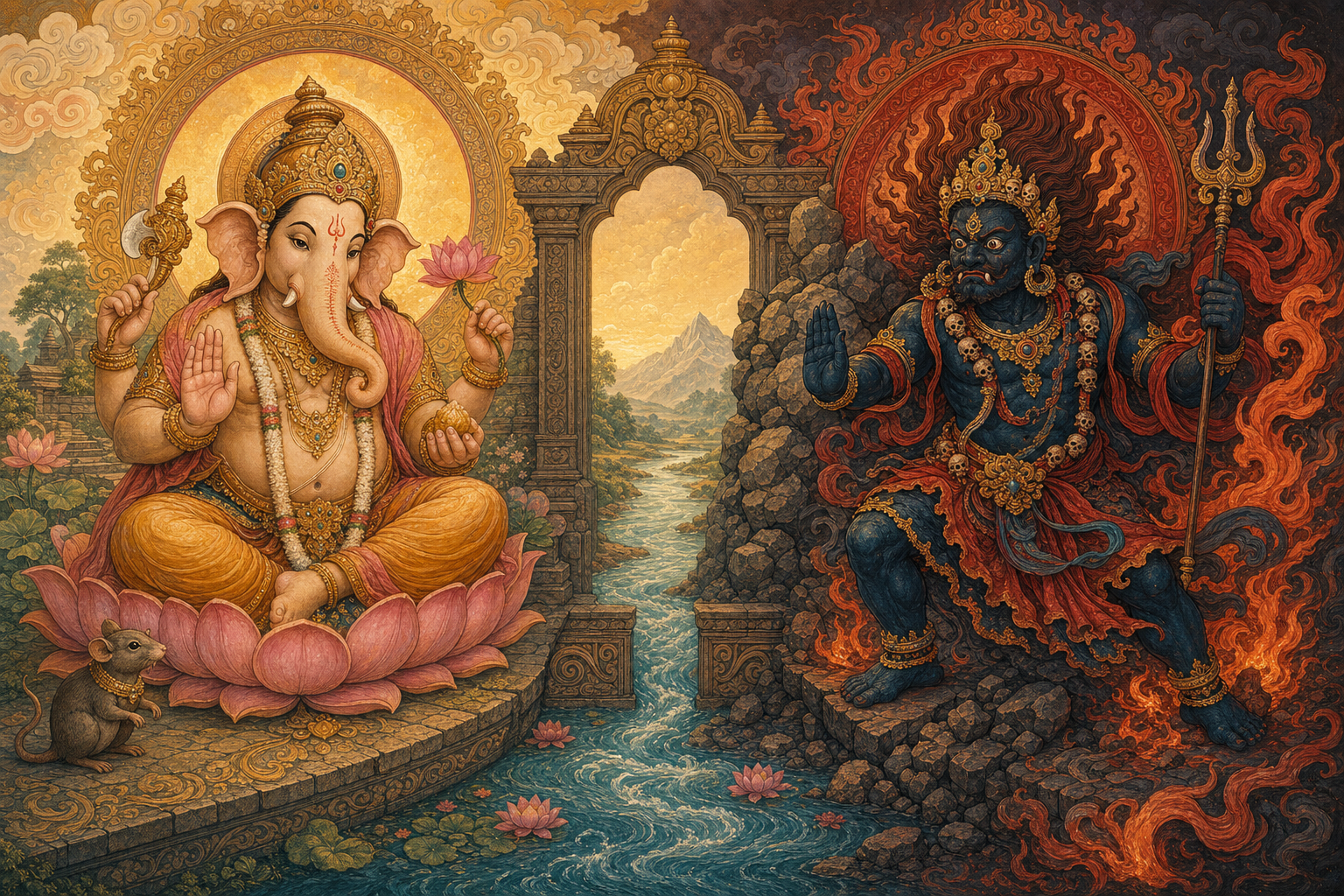 Ganesh in a calm golden setting and Bhairava in a fierce protective setting, joined by a river and stone threshold.