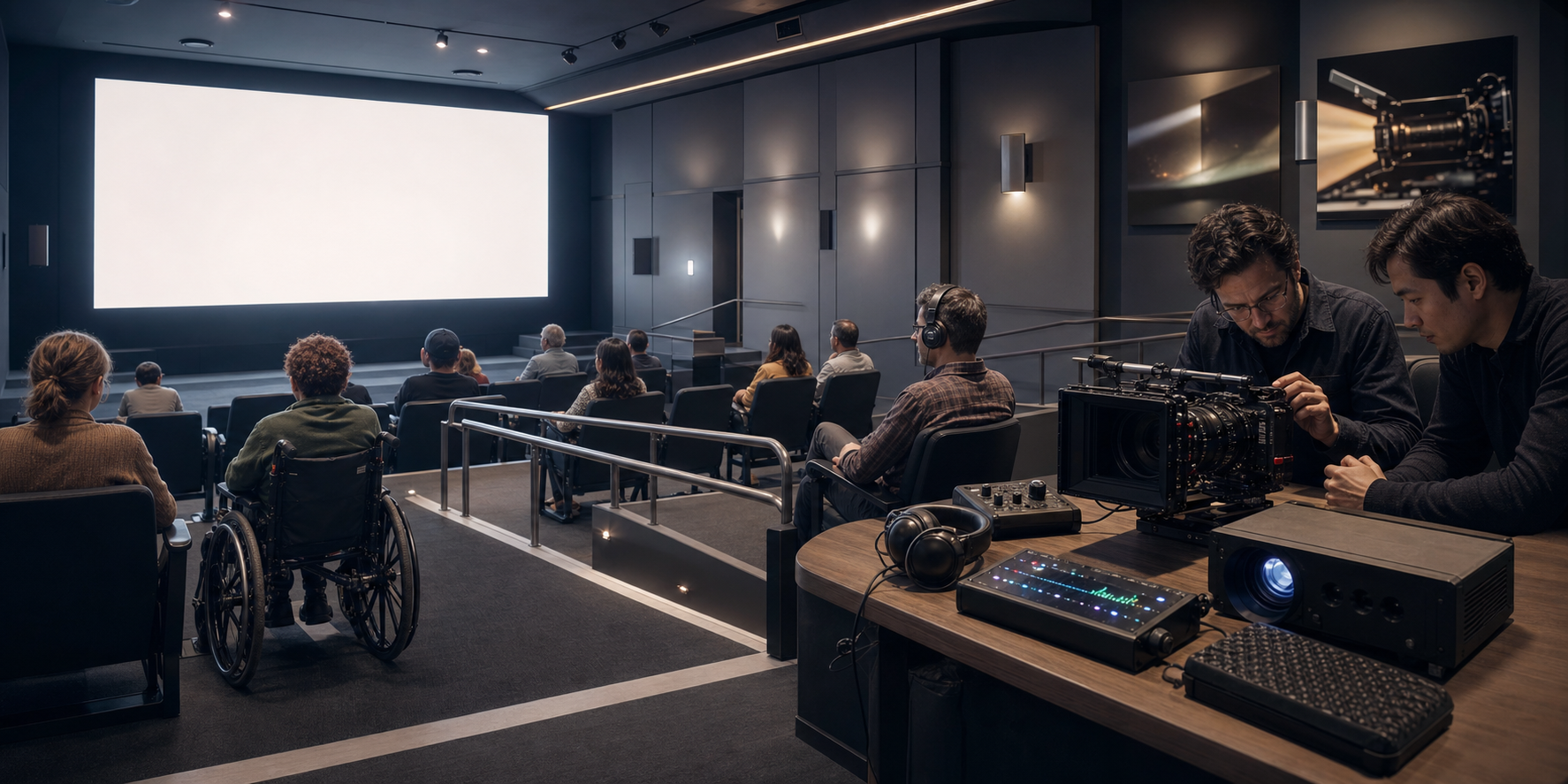Illustration of an accessible cinema screening with wheelchair spaces, an assistive listening headset, and technicians checking film equipment.