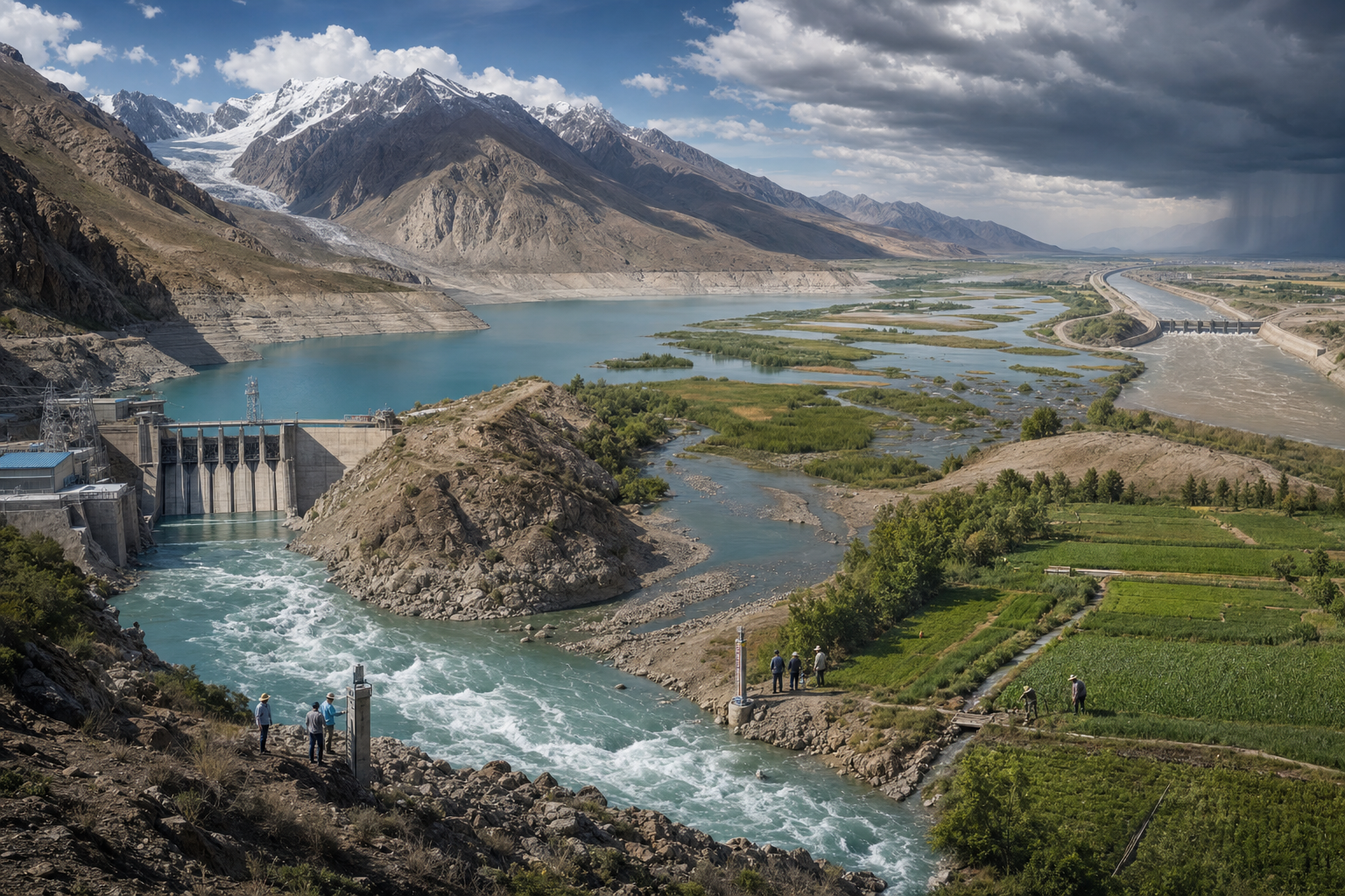 Glaciers, a reservoir, irrigated farms, wetlands, and flood-control works share a changing Indus basin landscape.