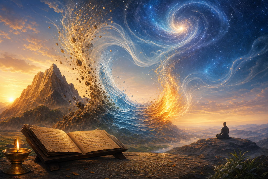 Vedic cosmology meditation scene with scripture, lamp, mountain, and elements spiraling into a cosmic sky