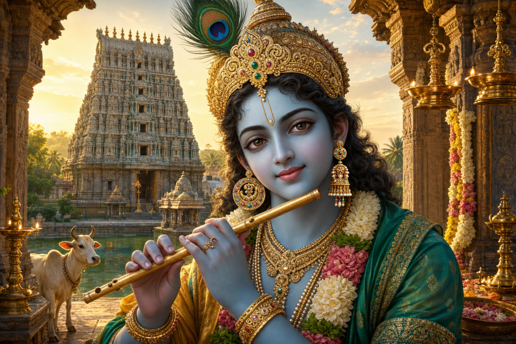 Stylized Krishna as Rajagopala with ornate mismatched earrings at Mannargudi Rajagopalaswamy Temple.