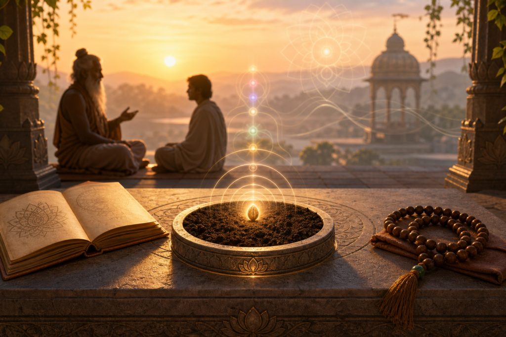 Glowing seed on a stone altar with Sanskrit manuscript, japa mala, and teacher-student silhouettes at dawn