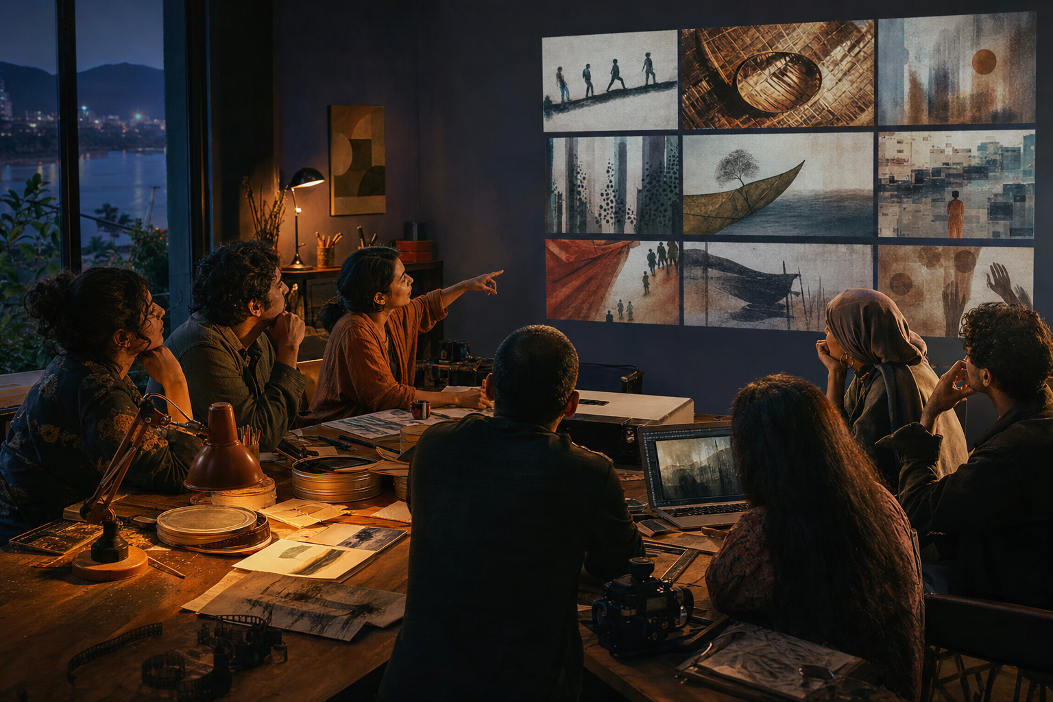 Editorial illustration of curators and filmmakers reviewing text-free projected scenes about culture, environment, and social life.