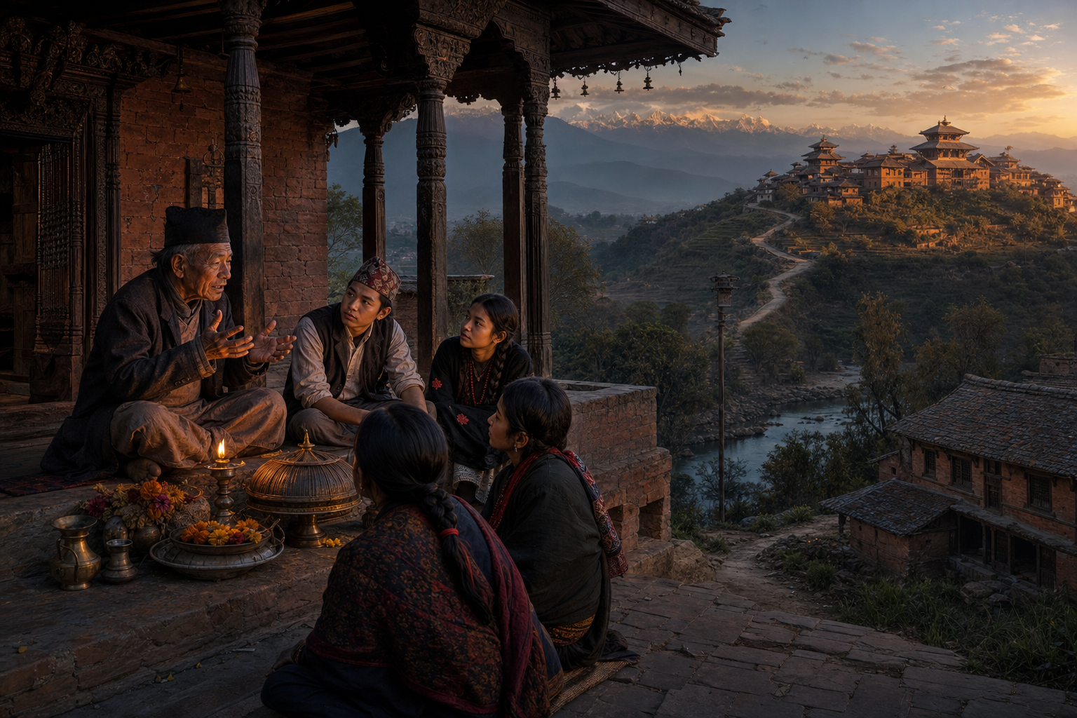 A Newar elder shares an oral tradition with younger listeners as a path leads toward another valley settlement in the distance.