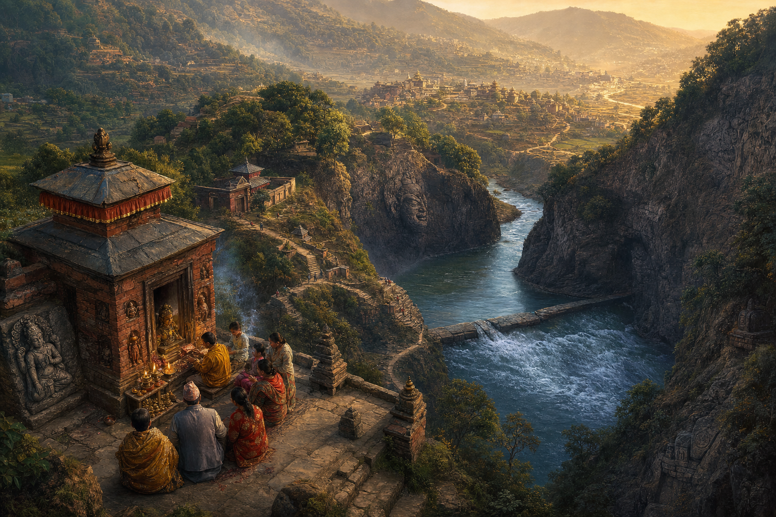Bird's-eye view of Jal Vinayak, the Bagmati River, Chobhar gorge, footpaths and surrounding Newar settlements arranged as one sacred landscape.