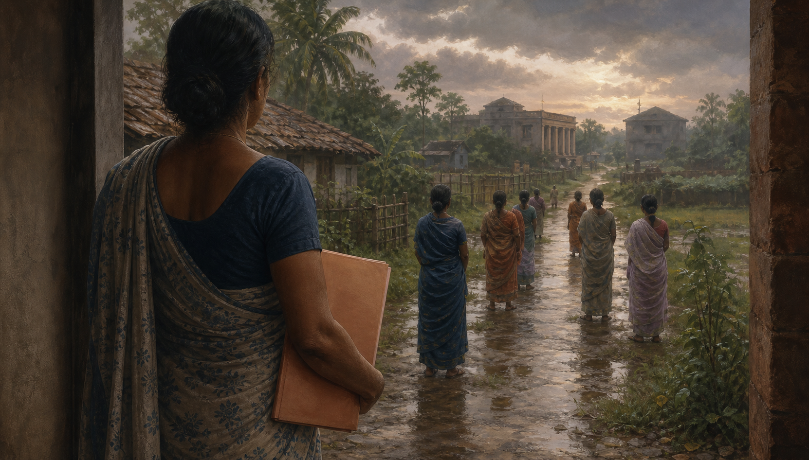 An adult woman holding an unmarked folder stands outside a rural Bengal home as a path leads toward distant civic buildings and other women wait nearby.