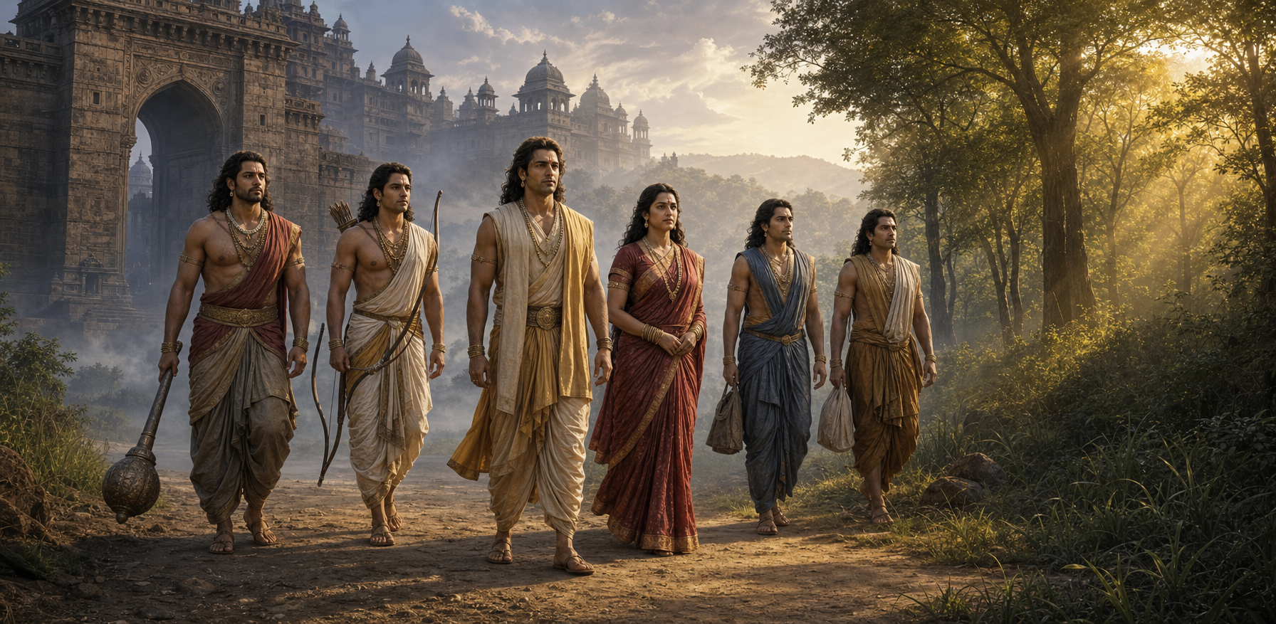 The five Pandava brothers and Draupadi leave a misty ancient city for the forest at dawn, carrying lowered weapons and travel supplies.