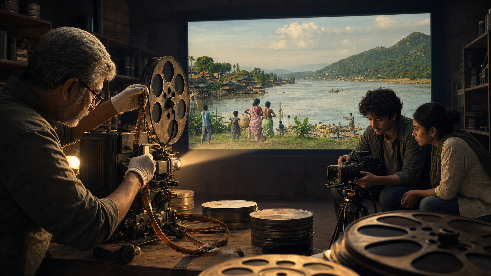 An archivist and two young filmmakers work beside a projector casting images of a river, hills and community life onto a cinema screen.