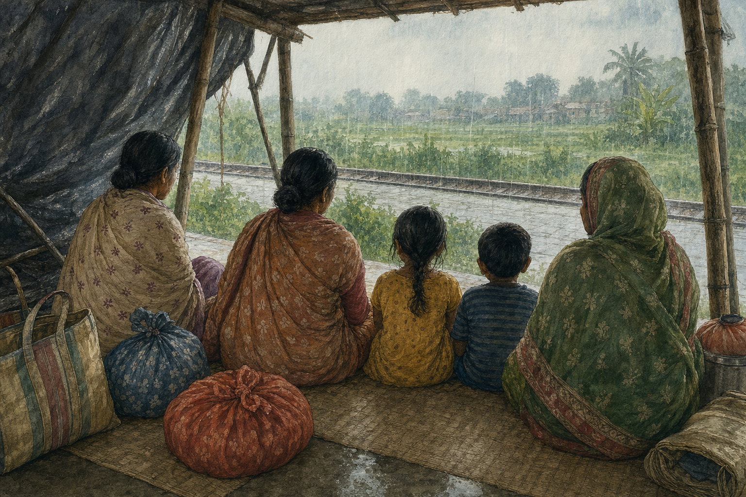 Three women and two children with household bags wait in a temporary shelter near a rain-soaked railway platform in rural West Bengal.
